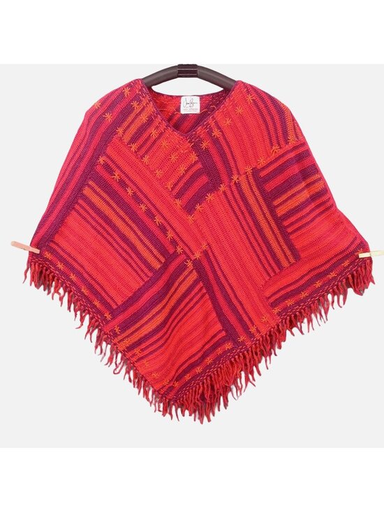 Jane Seymour Sweaters - Vintage Jane Seymor Womens Poncho Size OS Fringe Patchwork Knit Red Purple V Nec